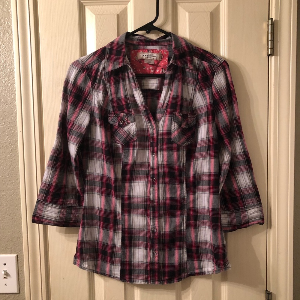 Arizona Pink And Black Plaid Button Up Shirt Sz M